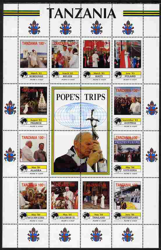 Tanzania 1992 Pope's Visits 1983-84 perf sheet of 16 containing 12 values plus 4 labels unmounted mint , stamps on , stamps on  stamps on personalities, stamps on  stamps on pope, stamps on  stamps on popes, stamps on  stamps on religion