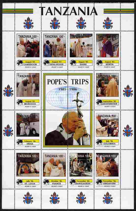 Tanzania 1992 Pope's Visits 1985-86 perf sheet of 16 containing 12 values plus 4 labels unmounted mint , stamps on , stamps on  stamps on personalities, stamps on  stamps on pope, stamps on  stamps on popes, stamps on  stamps on religion