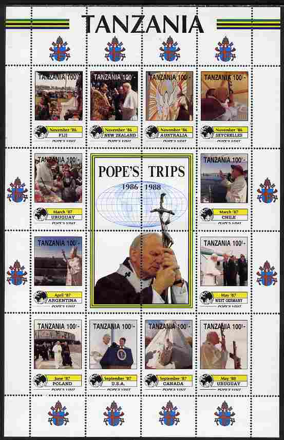 Tanzania 1992 Pope's Visits 1986-88 perf sheet of 16 containing 12 values plus 4 labels unmounted mint , stamps on , stamps on  stamps on personalities, stamps on  stamps on pope, stamps on  stamps on popes, stamps on  stamps on religion