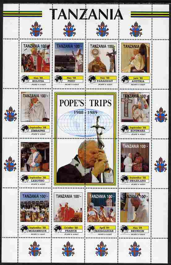 Tanzania 1992 Pope's Visits 1988-89 perf sheet of 16 containing 12 values plus 4 labels unmounted mint , stamps on , stamps on  stamps on personalities, stamps on  stamps on pope, stamps on  stamps on popes, stamps on  stamps on religion