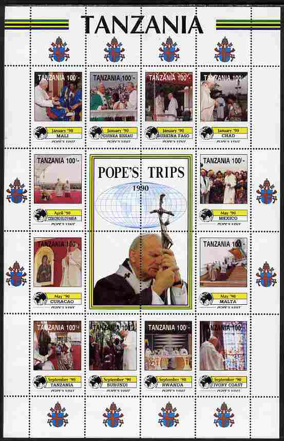 Tanzania 1992 Pope's Visits 1990 perf sheet of 16 containing 12 values plus 4 labels unmounted mint , stamps on , stamps on  stamps on personalities, stamps on  stamps on pope, stamps on  stamps on popes, stamps on  stamps on religion