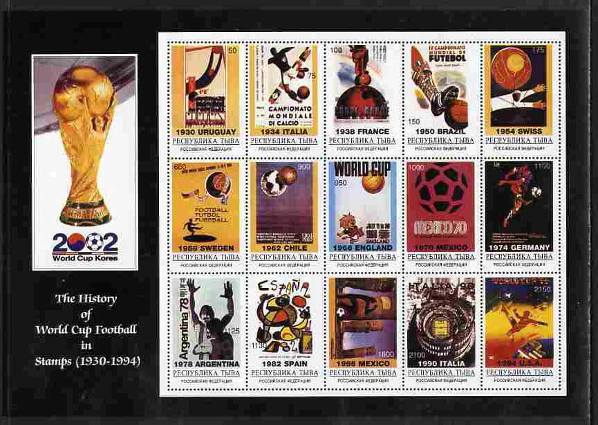 Touva 2002 Football World Cup - The History of the World Cup perf sheetlet containing 15 values unmounted mint . Note this item is privately produced and is offered purely on its thematic appeal, it has no postal validity, stamps on , stamps on  stamps on football