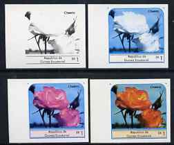 Equatorial Guinea 1976 Roses EK1 (Cheerio) set of 4 imperf progressive proofs on ungummed paper comprising 1, 2, 3 and all 4 colours (as Mi 972) , stamps on flowers    roses