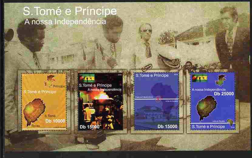 St Thomas & Prince Islands 2010 35th Anniversary of Independence perf sheetlet containing 4 values unmounted mint , stamps on constitutions, stamps on maps