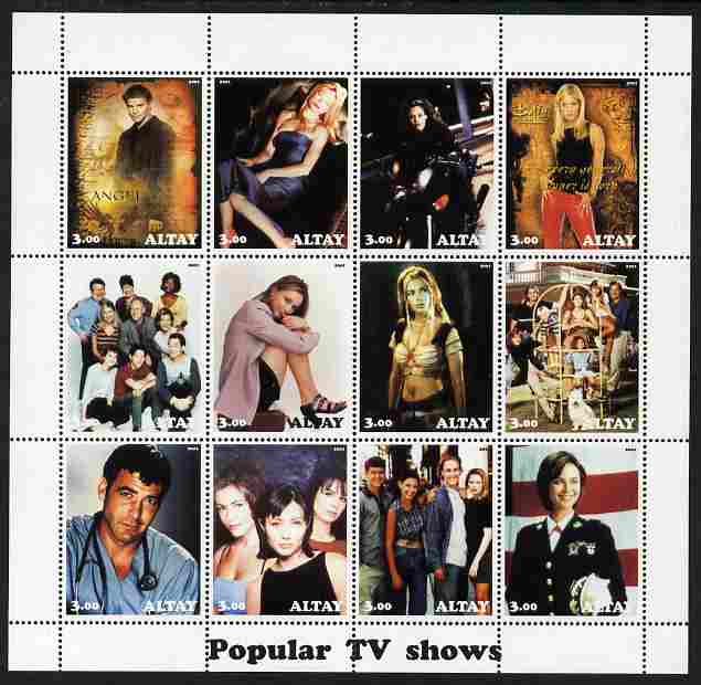 Altaj Republic 2001 Popular TV shows #1 perf sheetlet containing 12 values unmounted mint, stamps on personalities, stamps on films, stamps on cinema, stamps on movies, stamps on women, stamps on  tv , stamps on 