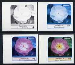 Equatorial Guinea 1976 Roses EK5 (Escapade) set of 4 imperf progressive proofs on ungummed paper comprising 1, 2, 3 and all 4 colours (as Mi 974) , stamps on , stamps on  stamps on flowers    roses