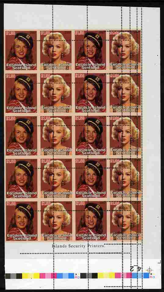 Easdale 2007 Marilyn Monroe \A31.50 #3 proof block of 20 (10 se-tenant pair) showing several misplaced strikes of the perf comb unmounted mint, stamps on personalities, stamps on women, stamps on films, stamps on cinema, stamps on movies, stamps on marilyn, stamps on  monroe