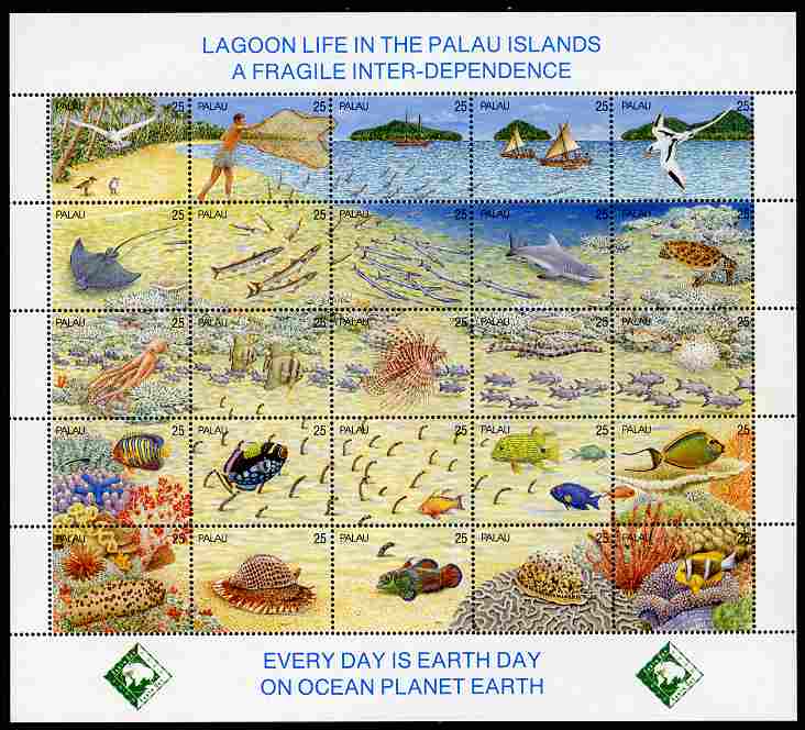 Palau 1990 Lagoon Life se-tenant sheetlet of 25 (Fish, Shells, Birds), unmounted mint SG 355a, stamps on birds, stamps on fish, stamps on marine life, stamps on shells