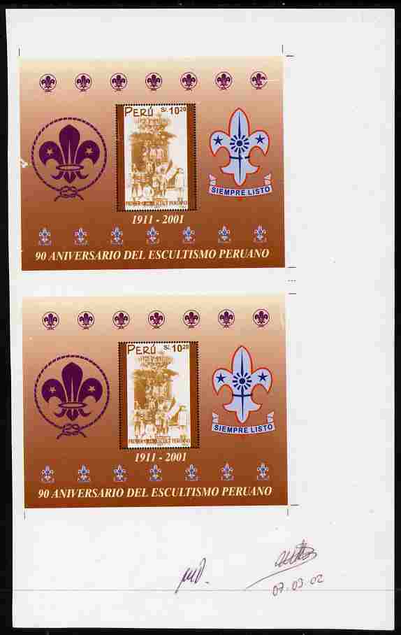 Peru 2001 90th Anniversary of Scouting proof sheet containing two imperf m/sheets (uncut) some surface marks but with approval signatures, unmounted mint , stamps on scouts, stamps on 