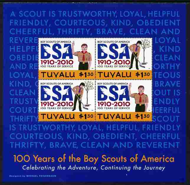 Tuvalu 2010 Centenary of Boy Scouts of America #1 perf sheetlet containing 4 values (blue background) unmounted mint SG MS 1395, stamps on , stamps on  stamps on scouts, stamps on  stamps on americana, stamps on  stamps on trees