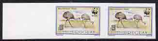 Uruguay 1993 WWF The Great Rhea 50c (Adults feeding) unmounted mint Imperf pair (only one sheet of 50 known) as SG 2142, stamps on , stamps on  stamps on birds, stamps on  stamps on  wwf , stamps on  stamps on 