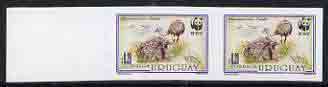 Uruguay 1993 WWF The Great Rhea 20c (Adults sitting & standing) unmounted mint Imperf pair (only one sheet of 50 known) as SG 2140, stamps on , stamps on  stamps on birds, stamps on  stamps on  wwf , stamps on  stamps on 
