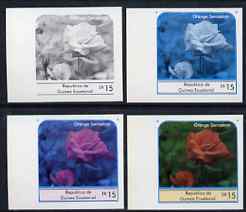 Equatorial Guinea 1976 Roses EK15 (Orange Sensation) set of 4 imperf progressive proofs on ungummed paper comprising 1, 2, 3 and all 4 colours (as Mi 976) , stamps on flowers    roses