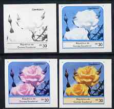 Equatorial Guinea 1976 Roses EK30 (Glenfiddich) set of 4 imperf progressive proofs on ungummed paper comprising 1, 2, 3 and all 4 colours (as Mi 977) , stamps on , stamps on  stamps on flowers    roses