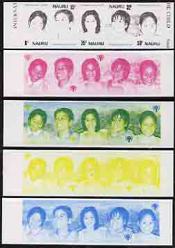 Nauru 1979 Year of the Child strip of 5 x 5 imperf progressive proofs comprising the 4 individual colours plus blue & yellow composite, scarce,(as SG 211-5), stamps on xxx