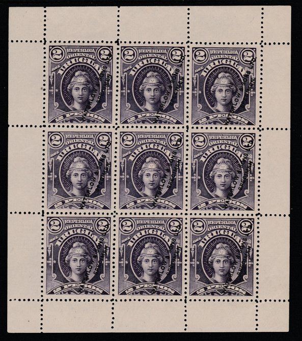 Uruguay 1894 2p printers sample in purple (instead of carmine-red) in complete sheetlet of 9 (from specially made plates) each overprinted Waterlow & Sons Ltd, Specimen, ..., stamps on 