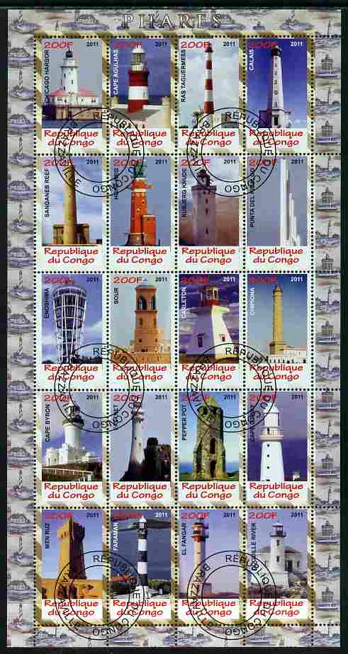 Congo 2011 Lighthouses perf sheetlet containing 20 values fine cto used, stamps on lighthouses