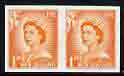 New Zealand 1955-59 QEII 1d orange (large numeral) IMPERF horiz pair on wmk'd gummed paper unmounted mint, SG 745var , stamps on , stamps on  stamps on qeii, stamps on  stamps on 
