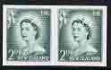 New Zealand 1955-59 QEII 2d bluish-green (large numeral) IMPERF horiz pair on wmkd gummed paper unmounted mint, SG 747var, stamps on qeii, stamps on 