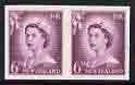 New Zealand 1955-59 QEII 6d purple (large numeral) IMPERF horiz pair on wmk'd gummed paper unmounted mint, rare thus, as SG750, stamps on qeii, stamps on 