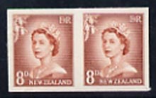 New Zealand 1955-59 QEII 8d chestnut (large numeral) IMPERF horiz pair on thin card, rare thus, as SG751, stamps on qeii, stamps on 