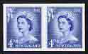 New Zealand 1955-59 QEII 4d blue (large numeral) IMPERF horiz pair on thin card, rare thus, as SG749, stamps on qeii, stamps on 