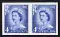 New Zealand 1955-59 QEII 4d blue (large numeral) IMPERF horiz pair on thin card, rare thus, as SG749, stamps on , stamps on  stamps on qeii, stamps on  stamps on 