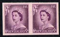New Zealand 1953-59 QEII 6d purple IMPERF horiz pair on thin card, rare thus, as SG729, stamps on 