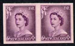 New Zealand 1953-59 QEII 6d purple IMPERF horiz pair on thin card, rare thus, as SG729, stamps on , stamps on  stamps on new zealand 1953-59 qeii 6d purple imperf horiz pair on thin card, stamps on  stamps on  rare thus, stamps on  stamps on  as sg729