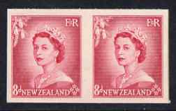 New Zealand 1953-59 QEII 8d carmine IMPERF horiz pair on thin card, rare thus, as SG730, stamps on 