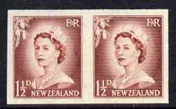 New Zealand 1955-59 QEII 1.5d brown-lake (large numeral) IMPERF horiz pair on wmk'd gummed paper unmounted mint, SG 746var , stamps on , stamps on  stamps on qeii, stamps on  stamps on 