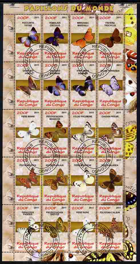 Congo 2011 Butterflies of the World #1 perf sheetlet containing 20 values fine cto used, stamps on butterflies