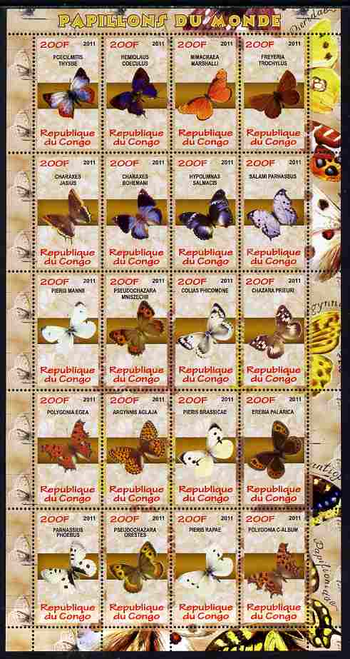 Congo 2011 Butterflies of the World #1 perf sheetlet containing 20 values unmounted mint, stamps on , stamps on  stamps on butterflies