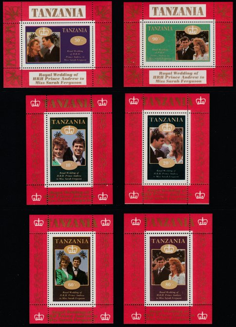 Tanzania 1986 Royal Wedding (Andrew & Fergie) the unissued set of 6 individual perf deluxe sheets (10s, 20s, 30s, 60s, 80s & 90s) unmounted mint, stamps on royalty, stamps on andrew, stamps on fergie, stamps on 