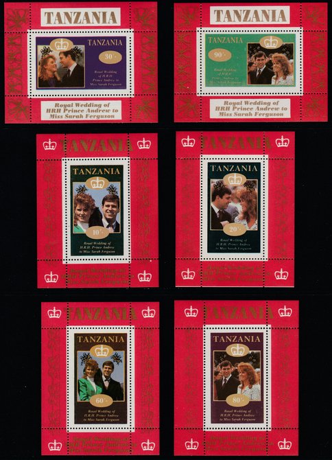 Tanzania 1986 Royal Wedding (Andrew & Fergie) the unissued set of 6 individual perf deluxe sheets (10s, 20s, 30s, 60s, 80s & 90s) unmounted mint, stamps on , stamps on  stamps on royalty, stamps on  stamps on andrew, stamps on  stamps on fergie, stamps on  stamps on 