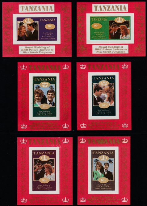 Tanzania 1986 Royal Wedding (Andrew & Fergie) the unissued set of 6 individual imperf deluxe sheets (10s, 20s, 30s, 60s, 80s & 90s) unmounted mint. NOTE - this item has been selected for a special offer with the price significantly reduced, stamps on , stamps on  stamps on royalty, stamps on  stamps on andrew, stamps on  stamps on fergie, stamps on  stamps on 