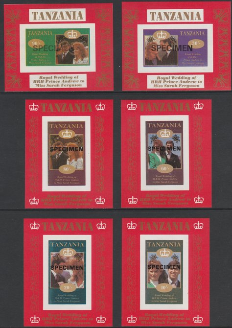 Tanzania 1986 Royal Wedding (Andrew & Fergie) the unissued set of 6 individual imperf deluxe sheets (10s, 20s, 30s, 60s, 80s & 90s) each overprinted SPECIMEN unmounted mint, stamps on , stamps on  stamps on royalty, stamps on  stamps on andrew, stamps on  stamps on fergie, stamps on  stamps on 