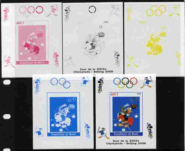 Benin 2008 Beijing Olympics - Disney Characters - American Football individual deluxe sheet - the set of 5 imperf progressive proofs comprising the 4 individual colours plus all 4-colour composite, unmounted mint 