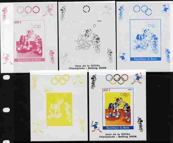 Benin 2008 Beijing Olympics - Disney Characters - Weight Lifting individual deluxe sheet - the set of 5 imperf progressive proofs comprising the 4 individual colours plus all 4-colour composite, unmounted mint , stamps on disney, stamps on olympics, stamps on baseball, stamps on sport, stamps on weights, stamps on weight lifting