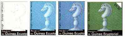 Equatorial Guinea 1976 Chessmen EK30 (Burmese 19th cent Knight) set of 4 imperf progressive proofs on ungummed paper comprising 1, 2, 3 and all 4 colours (as Mi 961), stamps on chess