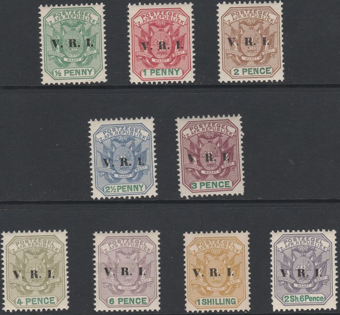 Transvaal 1900 V.R.I. overprint set of 9 values 1/2d to 2s6d,  unmounted mint probable reprints, SG 226-234, stamps on 