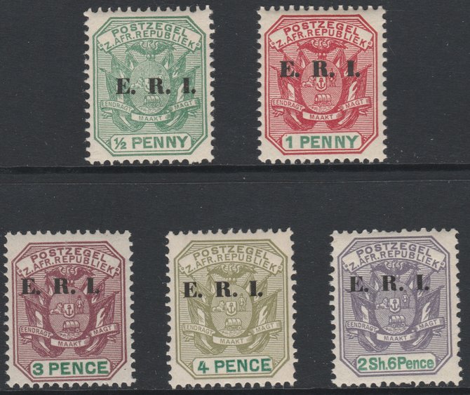 Transvaal 1901-02 E.R.I. overprint set of 5, 1/2d to 2s6d, unmounted mint probable reprints, SG 238-42, stamps on 