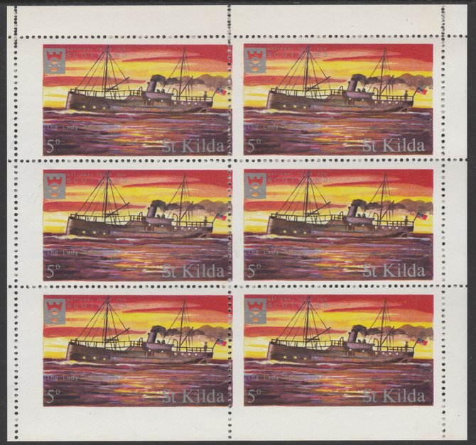St Kilda 1971 Ships 5d The Lady Ambrodsine complete sheetlet of 6 with perforating comb misplaced (lower pair imperf with margin and perfs doubled at top) unmounted mint , stamps on 