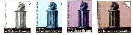 Equatorial Guinea 1976 Chessmen EK60 (English 19th cent Knight) set of 4 imperf progressive proofs on ungummed paper comprising 1, 2, 3 and all 4 colours (as Mi 962), stamps on chess