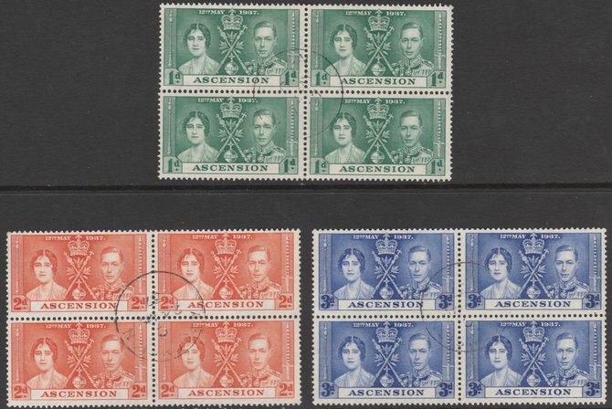 Ascension 1937 KG6 Coronation set of 3 in fine used blocks of 4 with neat central CDS cancel, SG 35-7, stamps on 