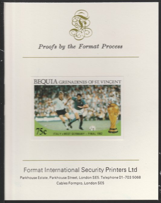 St Vincent - Bequia 1986 World Cup Football 75c (Italy v W Germany) imperf proof mounted on Format International proof card, stamps on xxx