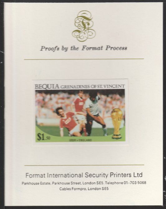 St Vincent - Bequia 1986 World Cup Football $1.50 (USSR v England) imperf proof mounted on Format International proof card, stamps on xxx
