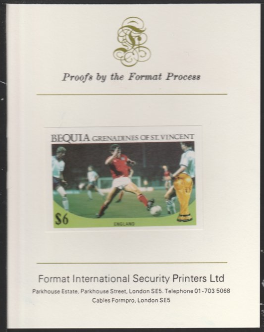 St Vincent - Bequia 1986 World Cup Football $6 (England Team) imperf proof mounted on Format International proof card, stamps on xxx