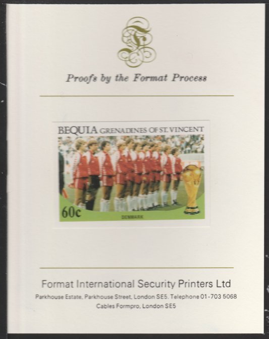 St Vincent - Bequia 1986 World Cup Football 60c (Denmark Team) imperf proof mounted on Format International proof card, stamps on xxx