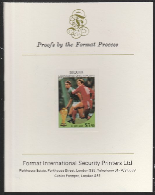 St Vincent - Bequia 1986 World Cup Football $3.50 (N Ireland),imperf proof mounted on Format International proof card, stamps on xxx